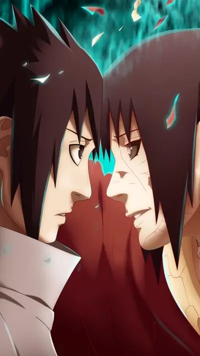 Two figures facing each other, intense expressions, dark background