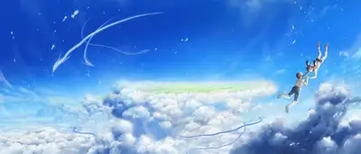 Two figures falling through the clouds