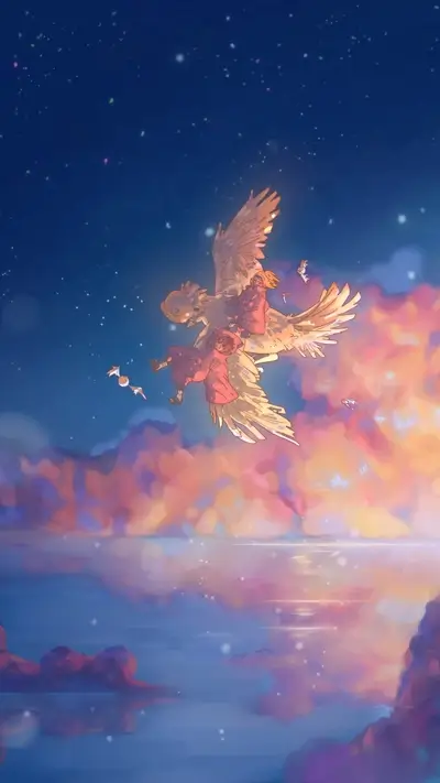 Two figures flying on a large bird-like creature