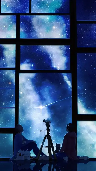 Two figures gaze at the night sky through a large window