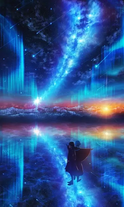 Two figures gazing at a celestial landscape