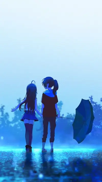 Two figures, holding hands, walking in rain, umbrella in hand, blue and dark.