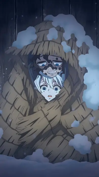 Two figures huddled together for warmth in a snowstorm