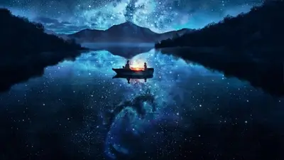 Two figures in a boat on a lake under a starry sky