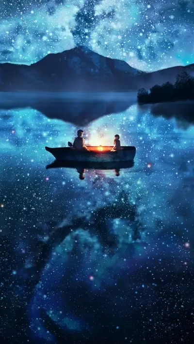 Two figures in a boat on a lake under a starry sky