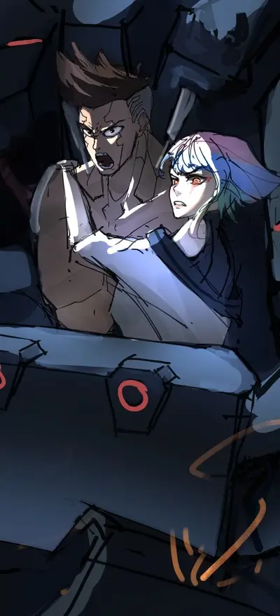 Two figures in a dark, mechanical vehicle