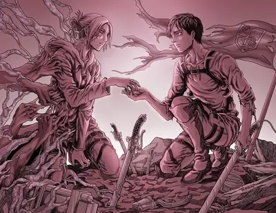 Two figures in a desolate landscape, one seemingly decaying