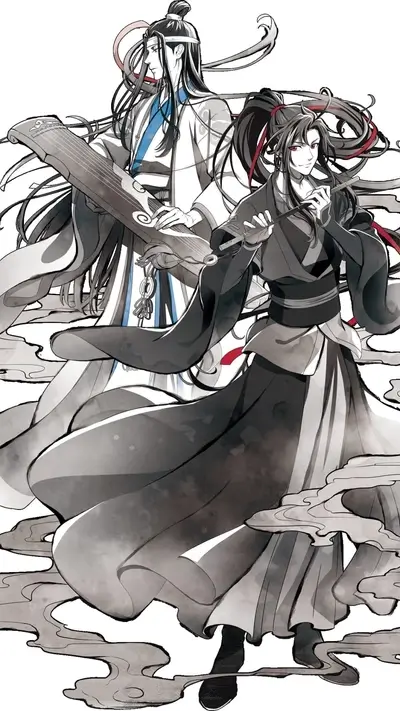 Two figures in flowing robes, one with a guqin, the other with a flute