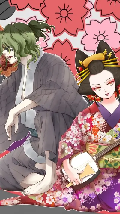 Two figures in traditional Japanese clothing