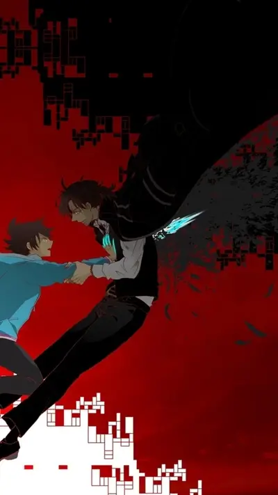 Two figures interacting, dark and red background