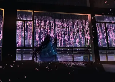 Two figures observing a vibrant display of hanging pink flowers, soft glow, serene