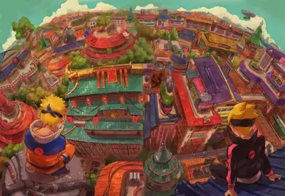 Two figures overlooking a vibrant cityscape