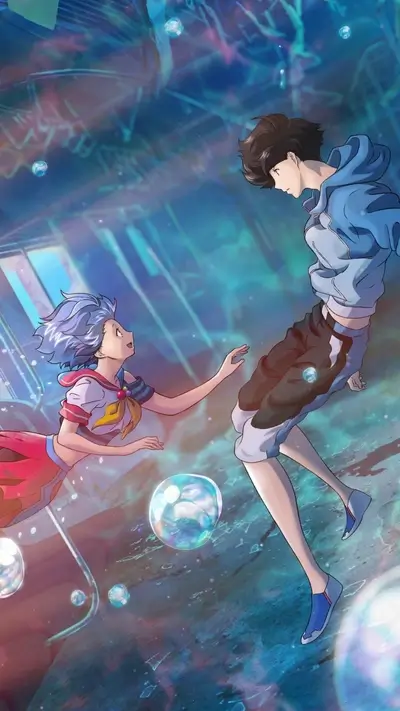 Two figures reaching for each other amidst glowing orbs