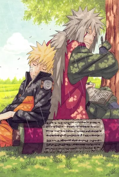 Two figures resting under a tree in the rain