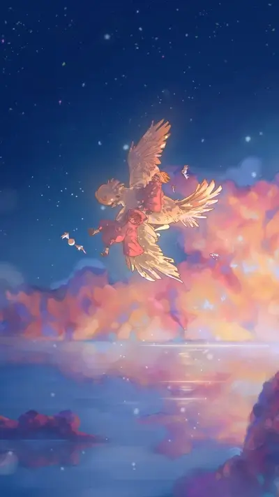Two figures riding a large bird soaring through a sunset sky