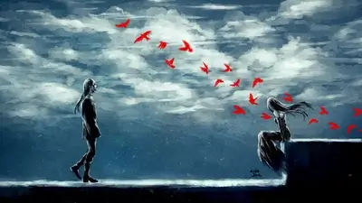 Two figures separated by a flock of red birds