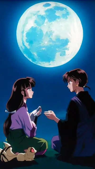 Two figures sharing a drink under a large moon