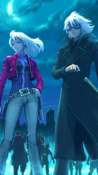Two figures stand against a backdrop of a nighttime city, zombies approaching