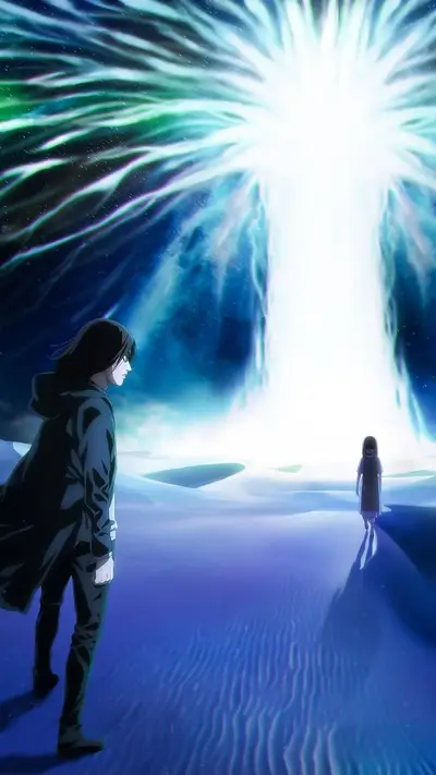 Two figures stand in a desolate landscape before a luminous celestial event