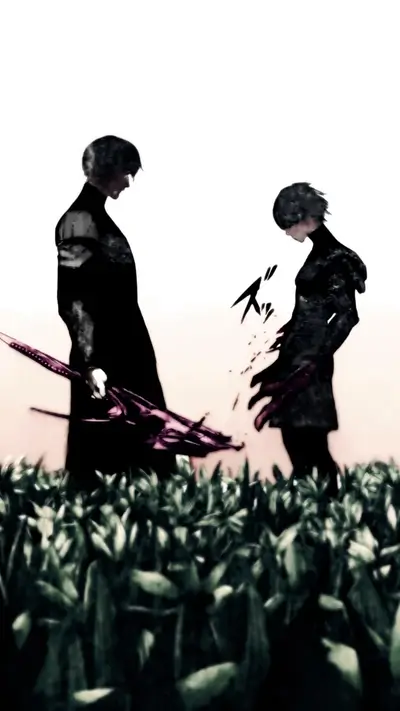 Two figures stand in a field, one wielding a weapon