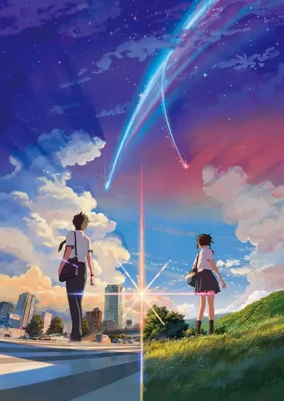 Two figures stand on opposite sides of a city street, a comet streaks across the sky