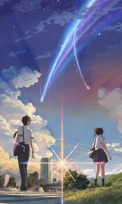 Two figures standing back to back, watching a comet streak across the sky