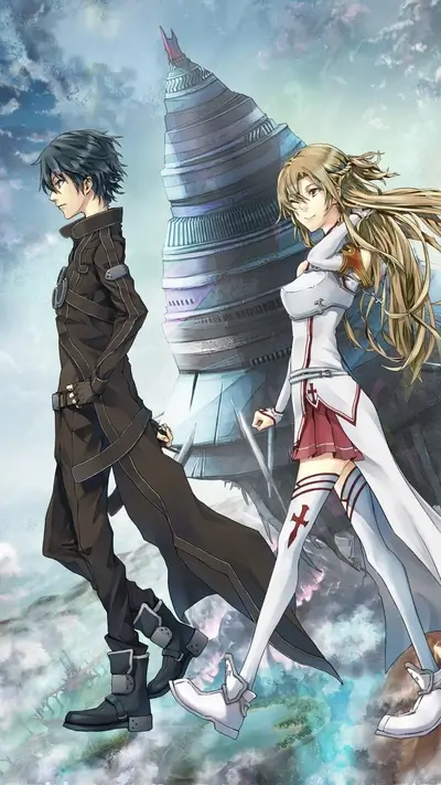Two figures walking away from a large structure