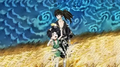 Two figures walking through a field of tall grass