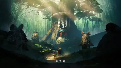 Two figures walking towards a shrine in a mystical forest