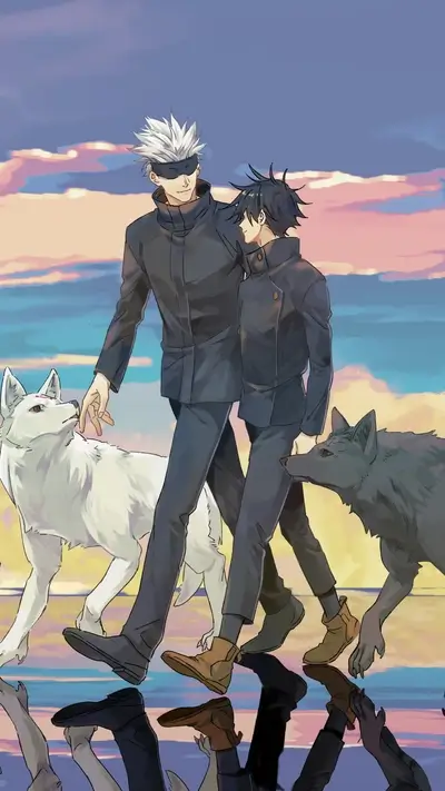 Two figures walking with wolves