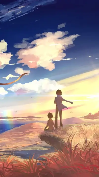 Two figures watching a sunset by the ocean