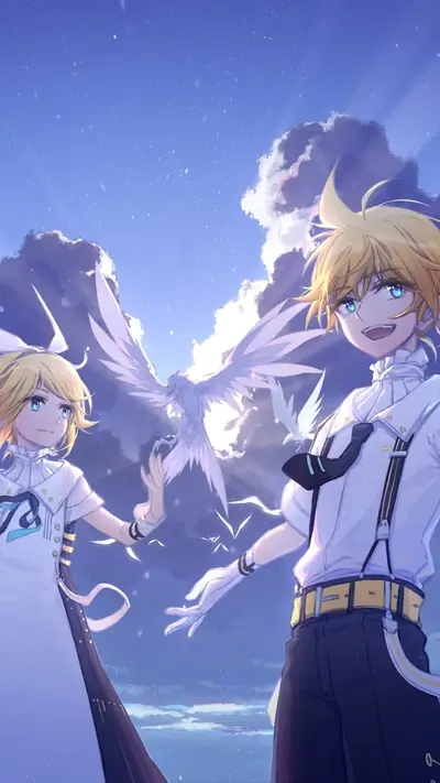 Two figures with blonde hair, standing against a bright sky