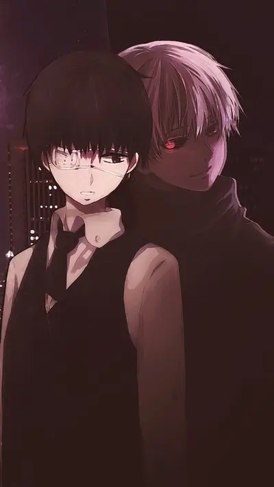 Two ghoul characters stand in front of a city skyline