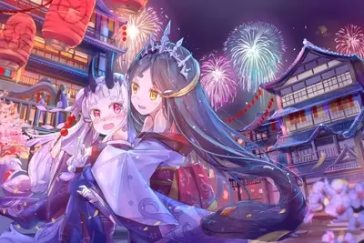 Two girls and snake with fireworks background in traditional Japanese architecture