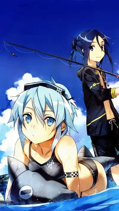 Two girls at the beach, one fishing
