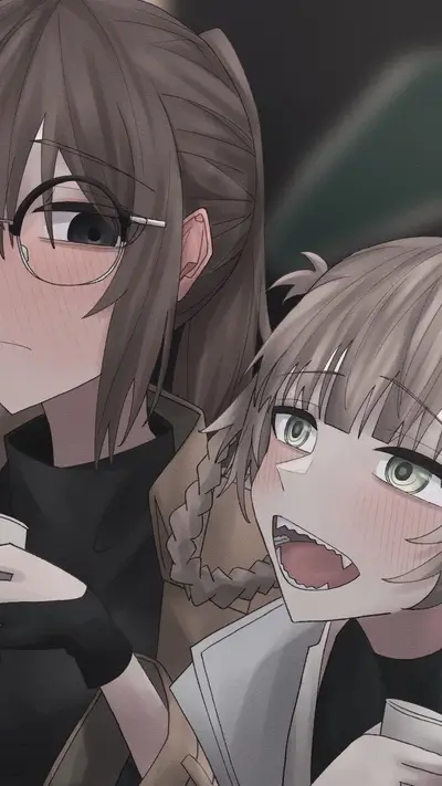 Two girls blushing, one with glasses, the other with fangs