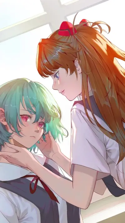 Two girls close together, one with teal hair, the other with orange hair