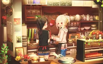 Two girls cooking in a cozy kitchen