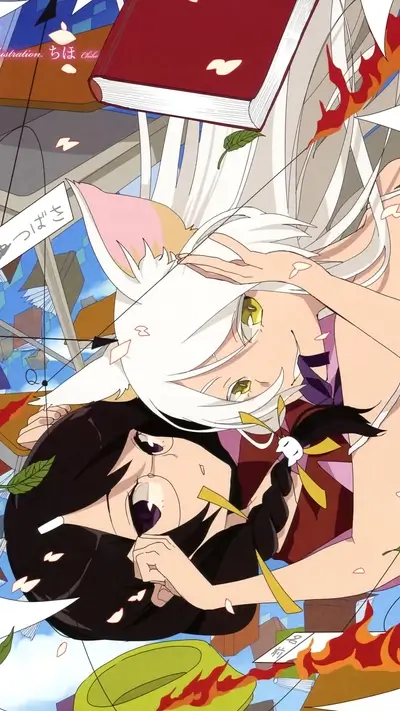 Two girls embracing amidst books and flames