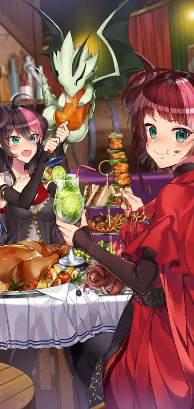 Two girls enjoying a feast with a dragon