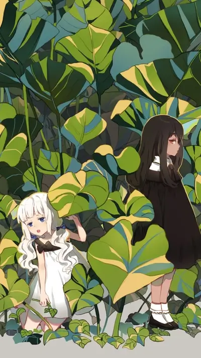 Two girls hiding in a lush green leafy garden