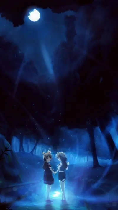 Two girls holding hands in a dark forest at night