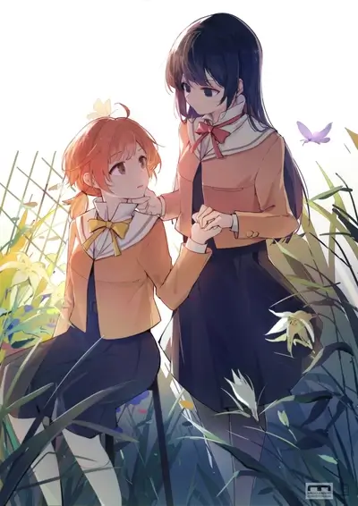 Two girls holding hands in a garden
