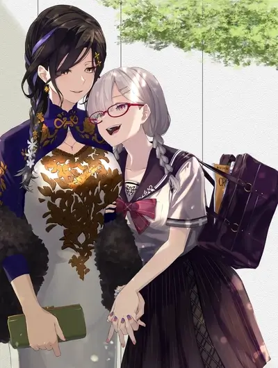 Two girls holding hands, one in a traditional dress and the other in a school uniform