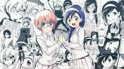 Two girls holding hands surrounded by manga panels
