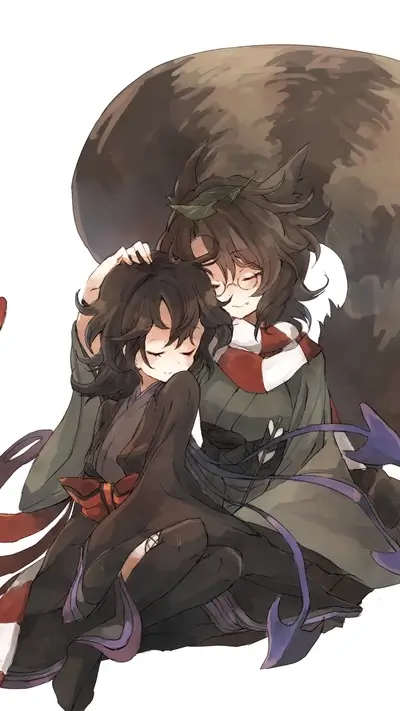 Two girls hugging, one with a large tail