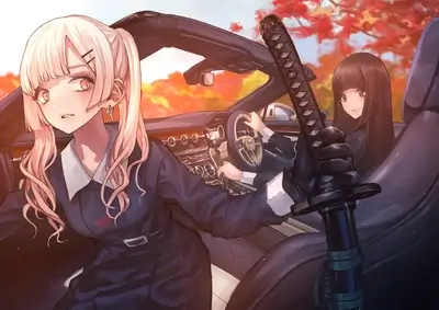 Two girls in a convertible, autumn leaves background, one holding katana