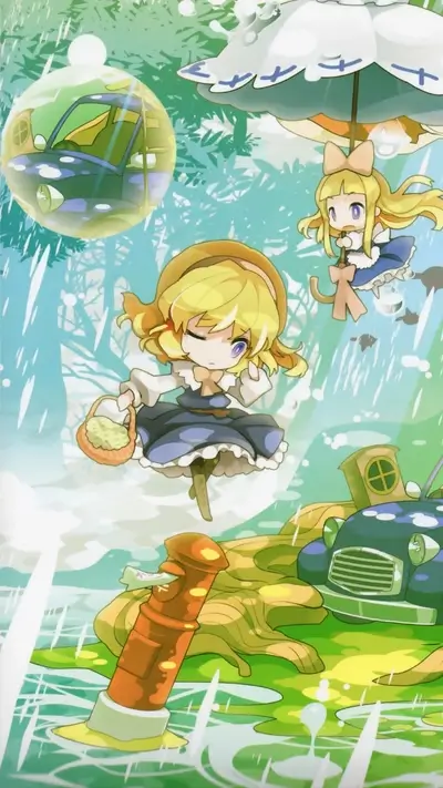 Two girls in a rainy landscape
