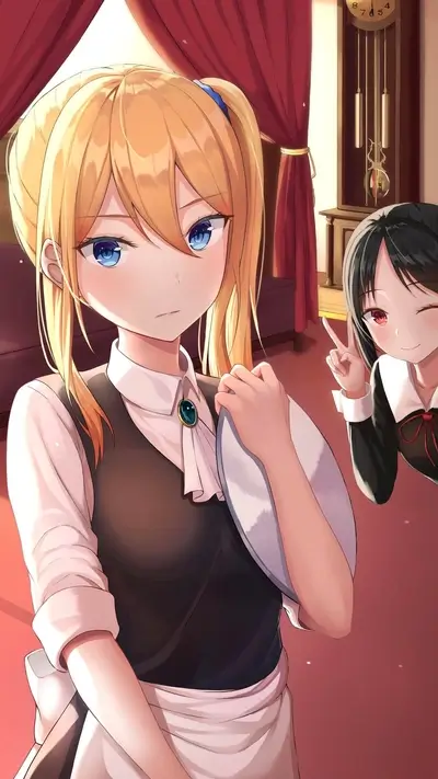 Two girls in a room, one in a maid outfit