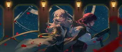 Two girls in a train, night scene, roses
